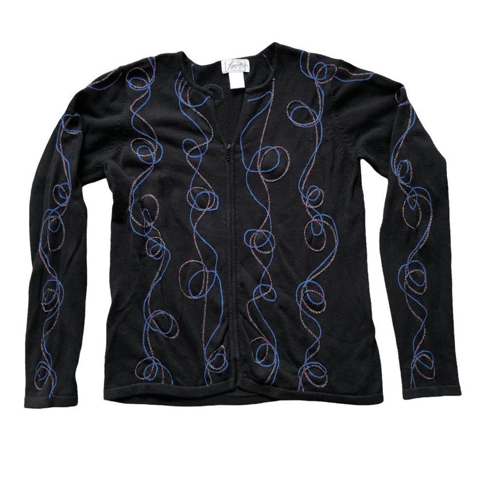 FOXCROFT Size Medium Cardigan Zip Up Black Blue Multicolored Swirls Doodle 0056s